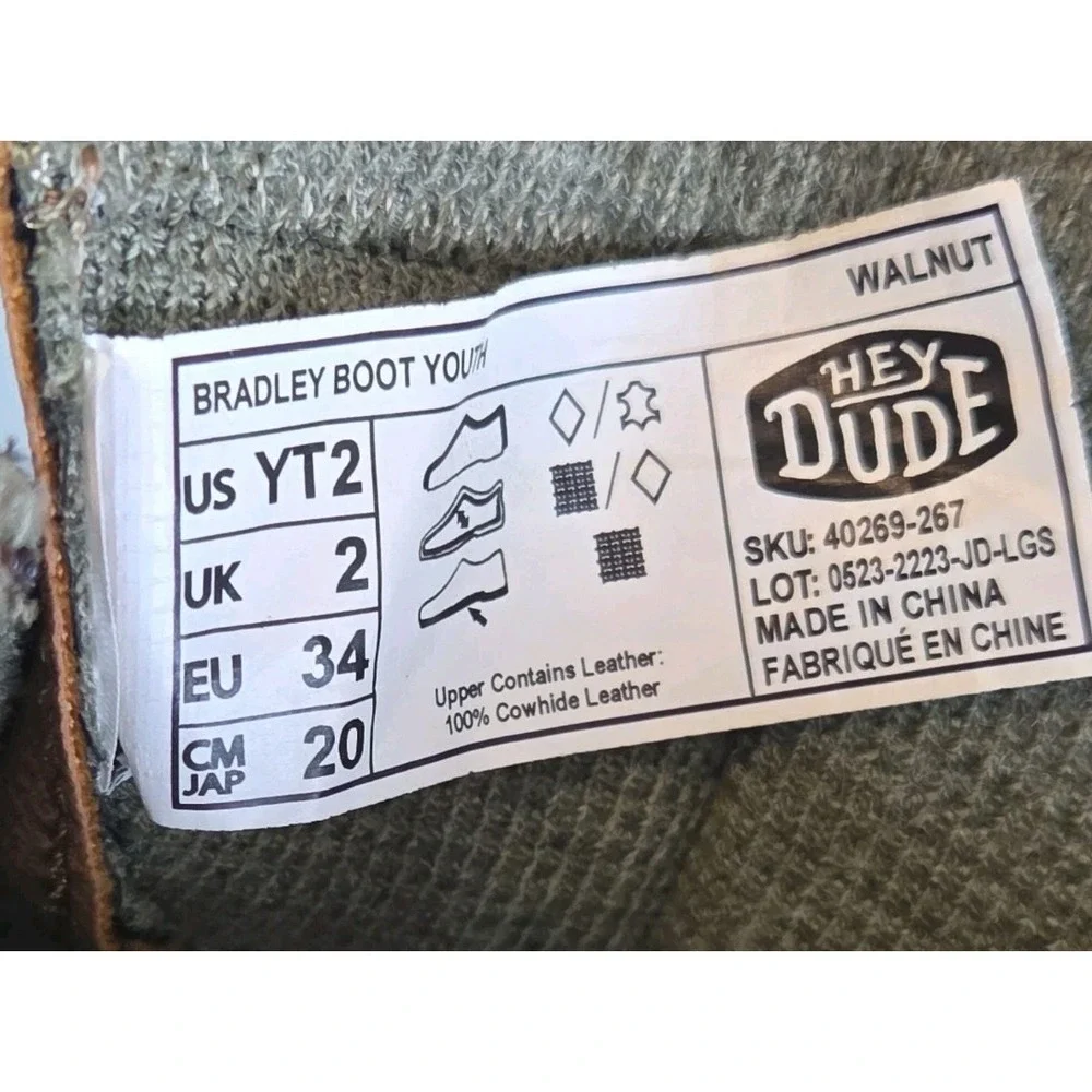 Hey Dude Boot Boys Sz 2  Leather Comfort Green Bradley Lightweight Walnut
